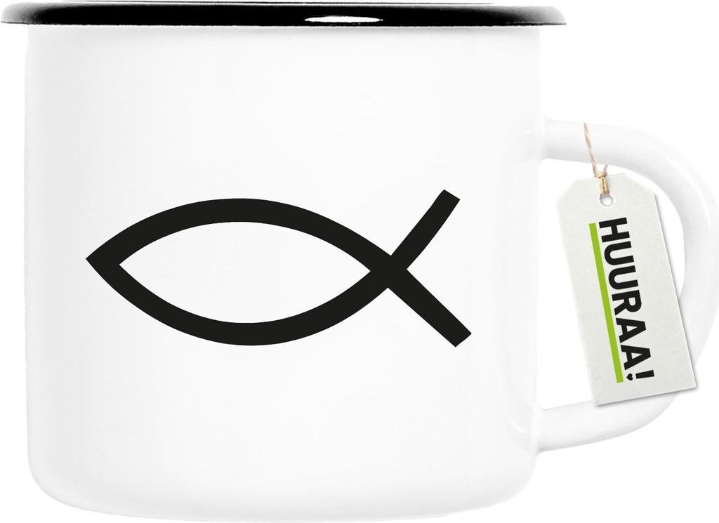 Huuraa Emaille Tasse Fische Symbol 300ml Vintage Campingbecher Geschenkidee