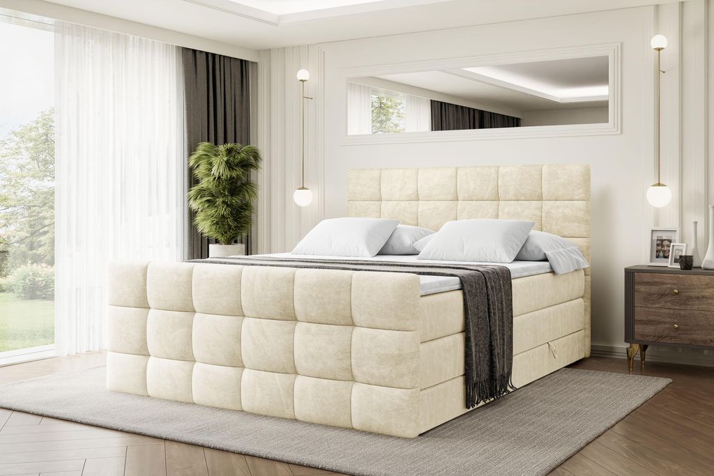 ALTDECOR Boxspringbett mit Matratze und Lattenrost - BRUGO -Z KING - 160x200 cm - Beige Monolith - Topper, Fußteil, Polsterbett mit Bettkasten, Be...