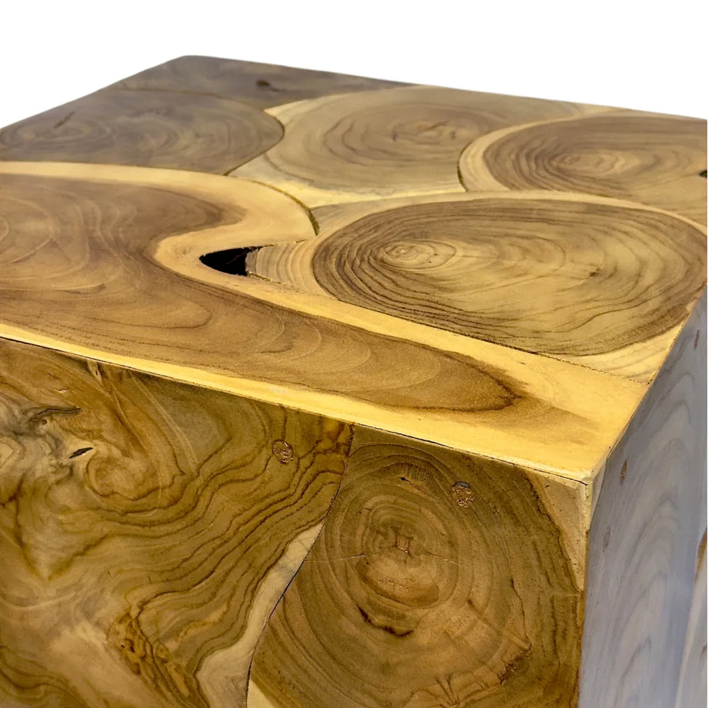 Table d'appoint artisanale en bois massif - Mosaïque géométrique unique