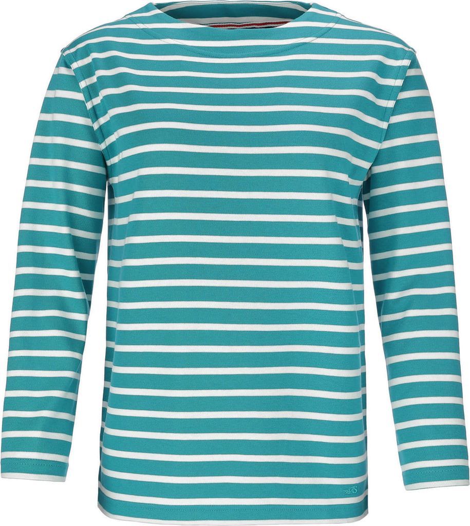 modAS Damen Shirt Bretonisches Damenshirt mit U-Boot Ausschnitt - Ringelshirt Streifenshirt Langarmshirt mit Streifen aus Baumwolle in Petrol-Weiß...