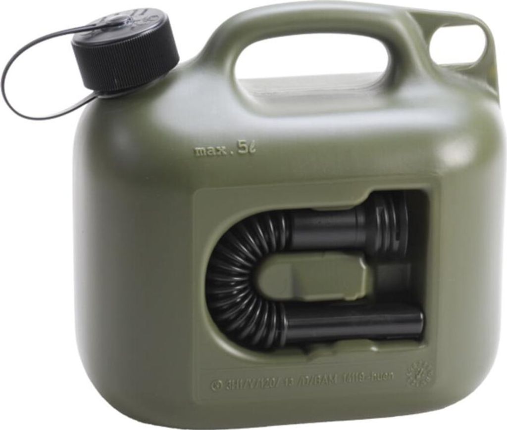 A green jerrycan with a black spout and handle, shown from a diagonal angle.