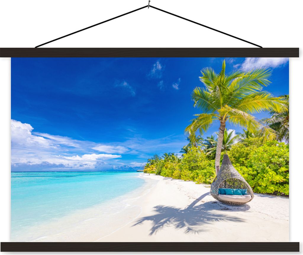 MuchoWow Textilposter Strand - Palme - Hängesessel 90x60 cm mit schwarzem Rahmen - Aufhängungssatz