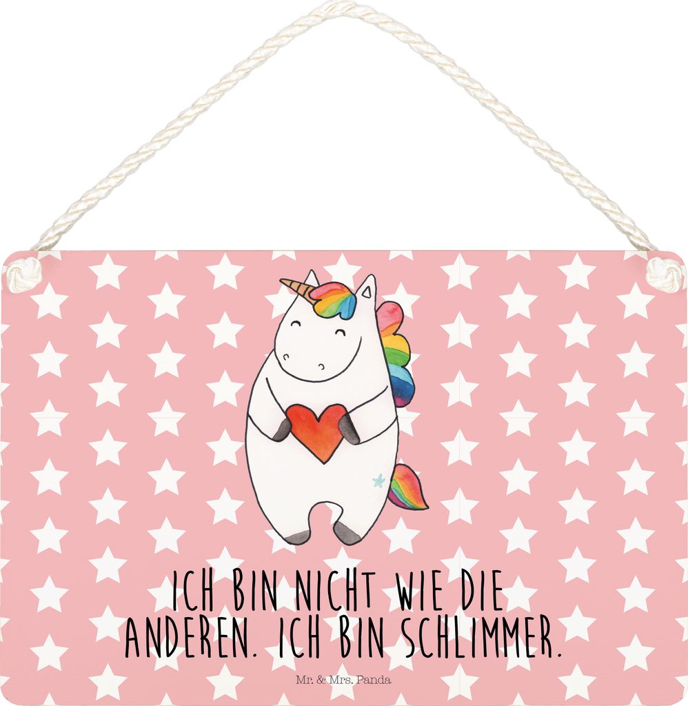Mr. & Mrs. Panda Schild Einhorn Herz DIN A5 - Rot Pastell - Geschenk, kleine aufmerksamkeit, Einhörner, Freundin, Wandbild Holz, Holzschild, Lusti...