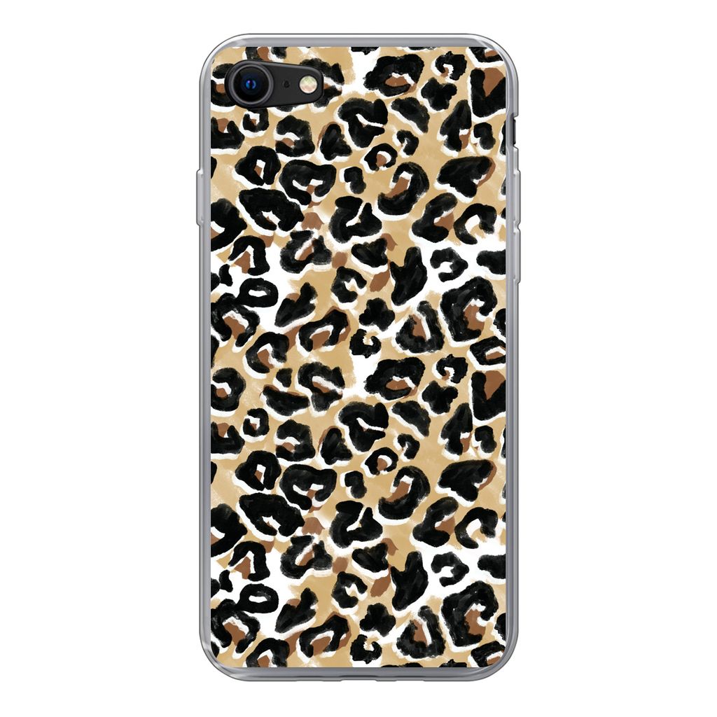 MuchoWow Handyhülle Schutzhülle Hülle für iPhone SE 2020 Tierdruck - Panther - Braun - Aquarell Silikon Softcase Handy Hülle - Kartenbesitzer