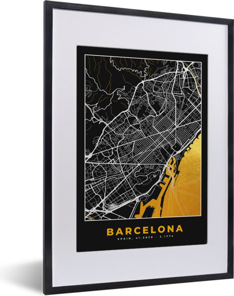 MuchoWow Gerahmtes Poster Barcelona - Stadtplan - Gold - Karte 30x40 cm - Poster mit Schwarzem Bilderrahmen Wandposter Rahmen Foto Bilder - Wandp...