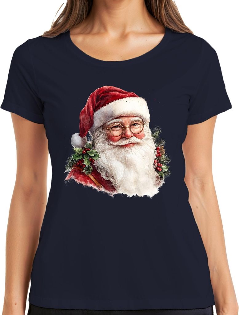 Weihnachtsmann Aquarell Portrait Brille Stechpalme Vintage Damen T-Shirt, Navy, XXL