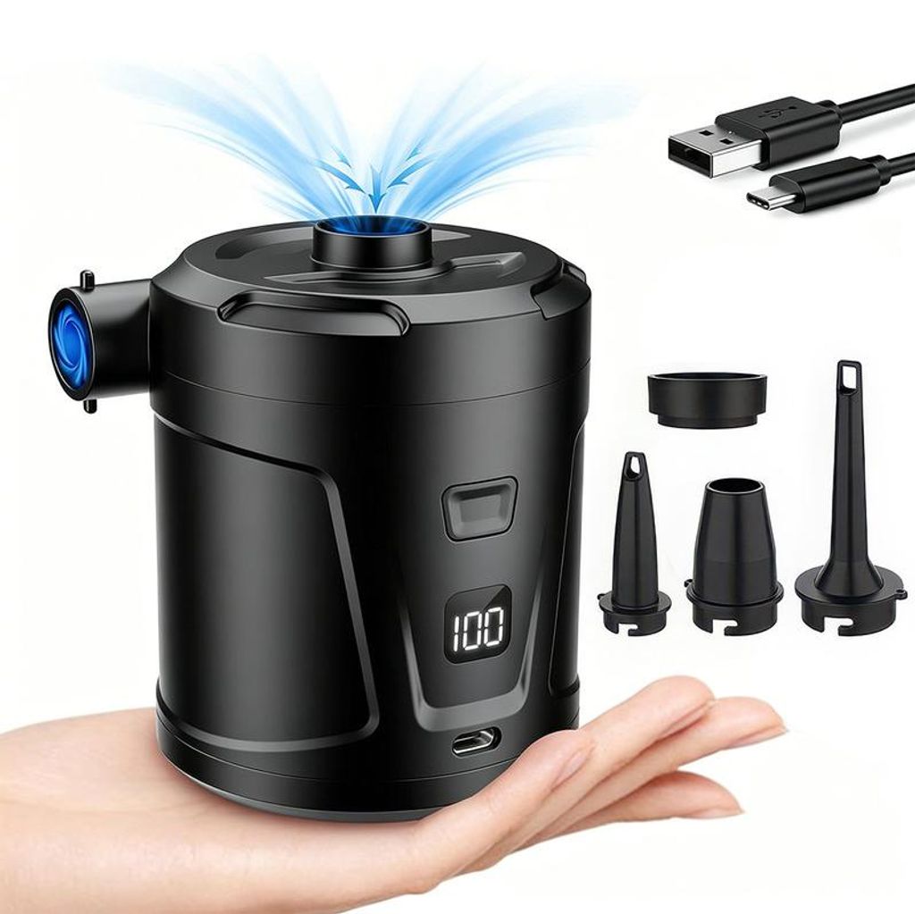 Tragbare Luftpumpe 5200mAh Akku 400L/min USB-C Mini Luftkompressor 4 Aufsätze schnelles Aufblasen Camping Boot Luftmatratze Outdoor