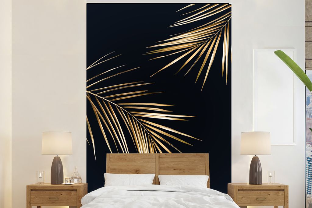 MuchoWow Fototapete für Wohnzimmer oder Schlafzimmer Wandtapete Vinyl Motivtapete Blätter - Pflanzen - Gold - Schwarz - Luxus - 155x240 cm - Ta...