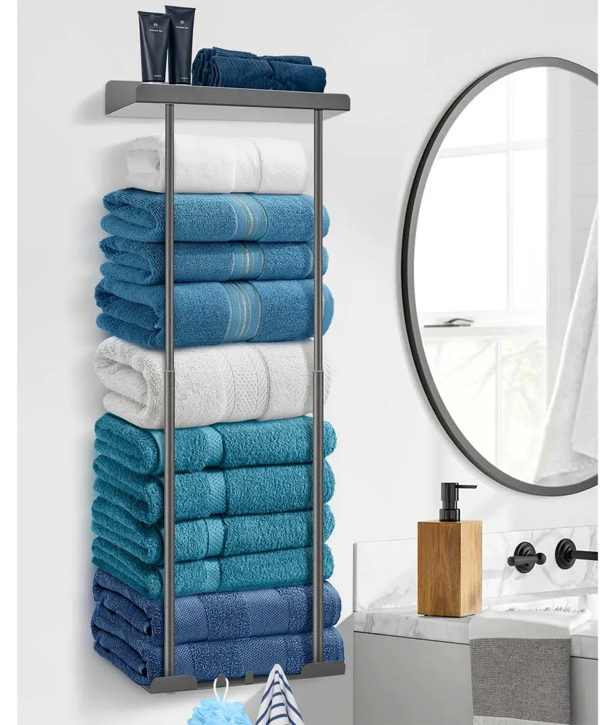 Rangement serviettes salle de bains gris sans perçage pour locataires