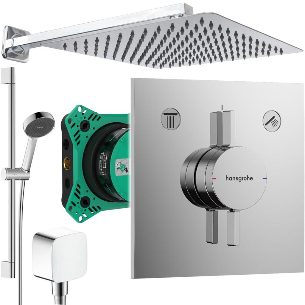 Hansgrohe und Jowi Unterputz Duschsystem, 650mm Brausestange, 300x300mm Kopfbrause, DuoTurn E Duscharmatur