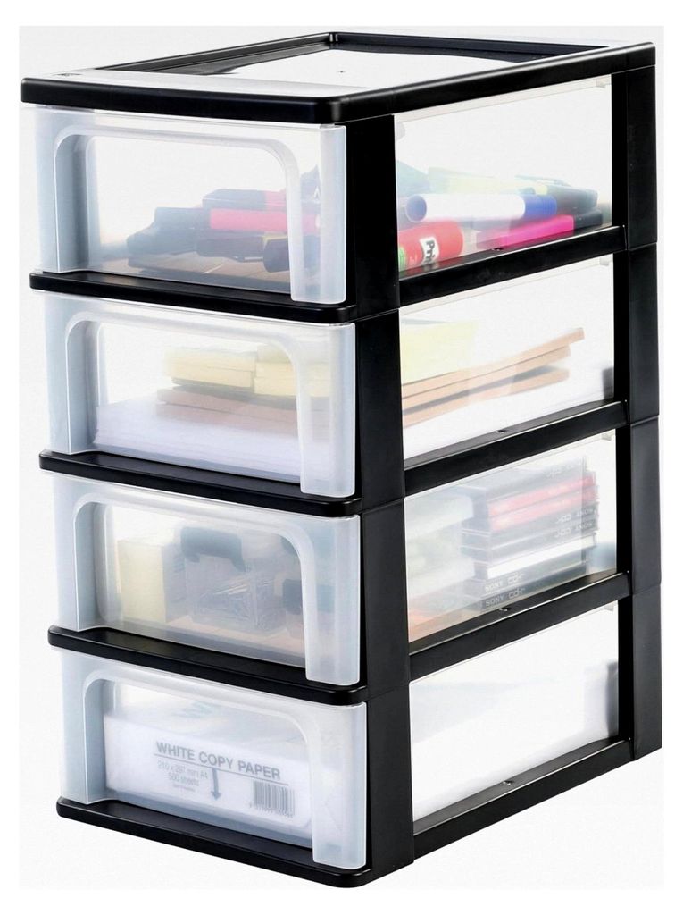 Kunststoff-Schubladenbox mit 4 flachen Schubladen, Schwarz, Easy-Pull-System, A4, A5 & A6 Format, Schreibtisch-Organizer für Büro und Schrein, BP...