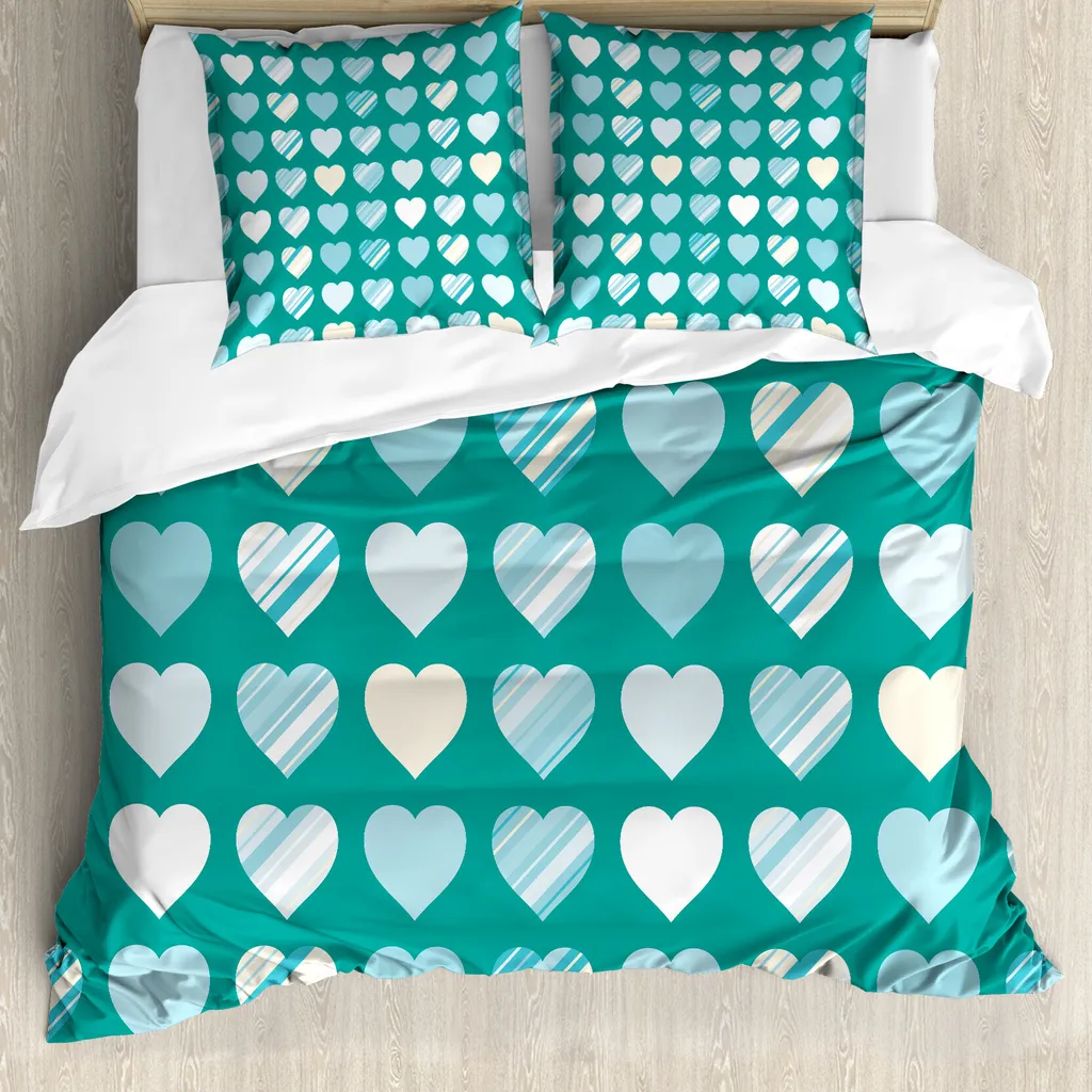 ABAKUHAUS Set copripiumino per San Valentino per letti matrimoniali, motivi a cuore, antiacaro, adatto a chi soffre di allergie, con federe, verde giada, crema Seafoam