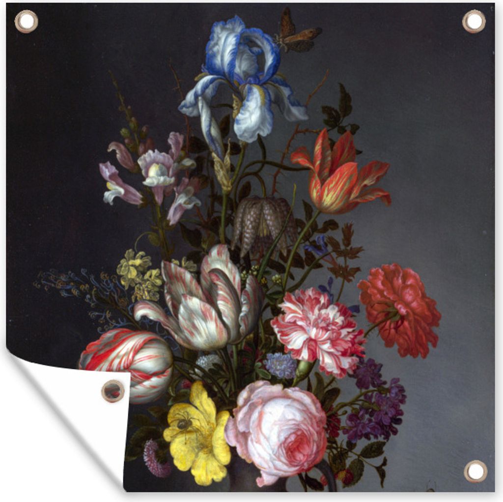 MuchoWow 50x50 cm Outdoor-Poster Gartendeko Sichtschutz Garten Poster für den Garten Blumen in einer Vase mit Muscheln und Insekten - Balthasar...