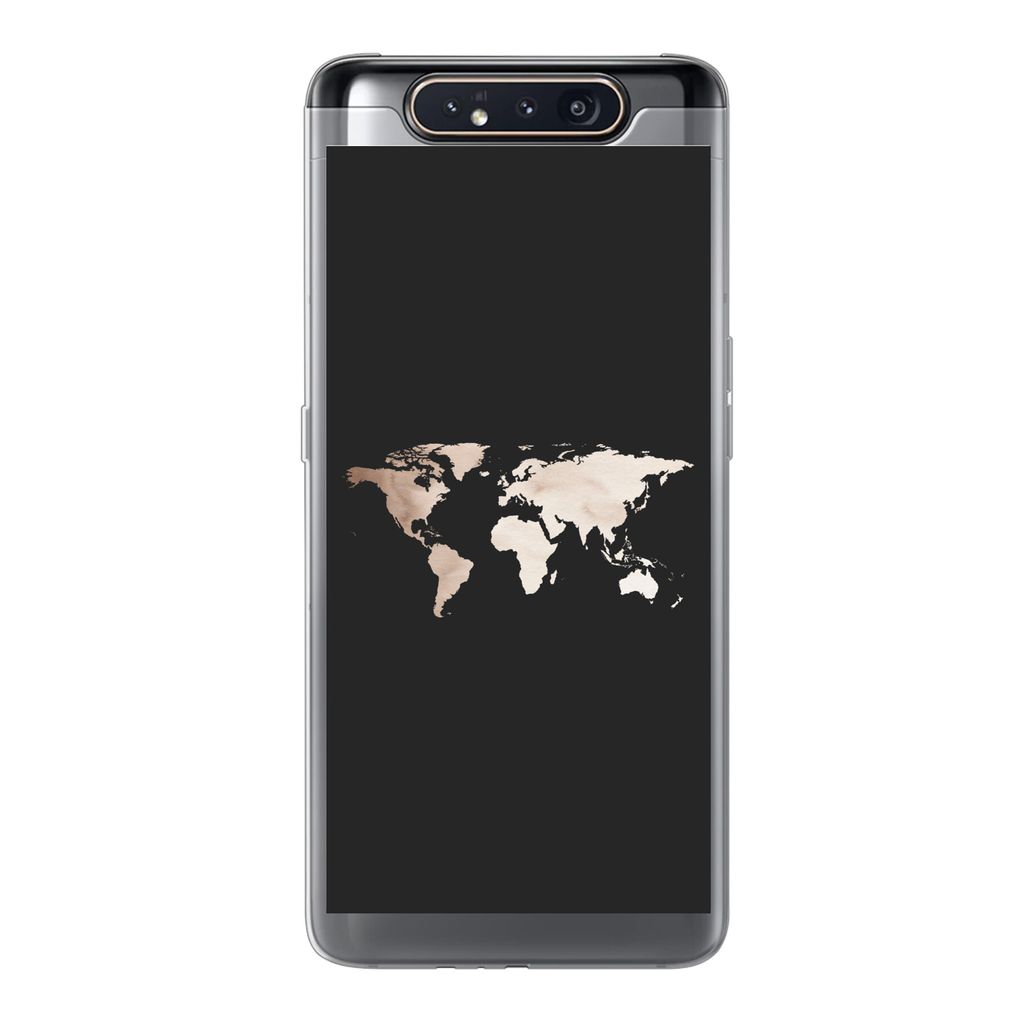 MuchoWow Handyhülle Schutzhülle Hülle für Samsung Galaxy A80 Weltkarte - Leder - Schwarz Silikon Softcase Handy Hülle - Schutzdeckel