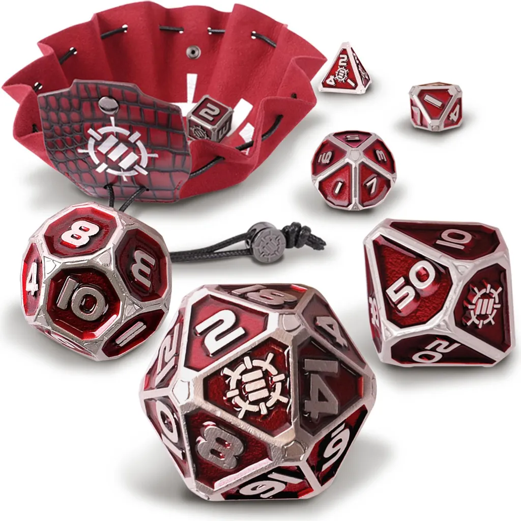 Dés de Jeu de Rôle en Métal ENHANCE Set de 7 Dés JdR Rouge avec Pochette