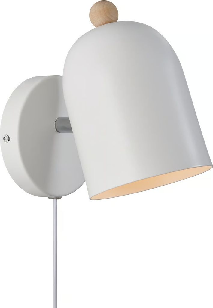 A white wall lamp with a wooden accent.