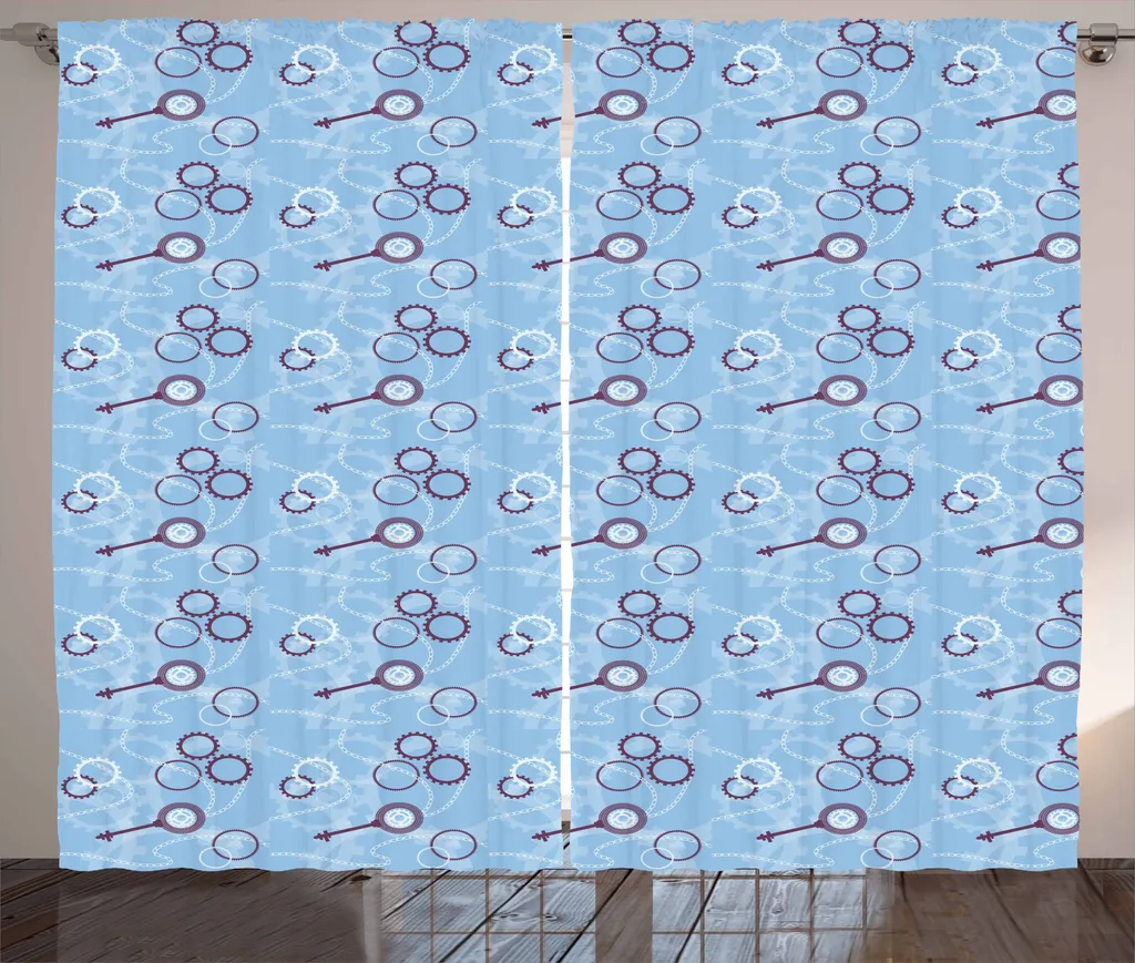 ABAKUHAUS Tenda rustica steampunk, chiavi, ingranaggi e catene, tenda universale per soggiorno con passanti e ganci, 280 x 175 cm, blu pallido, bianco, melanzana