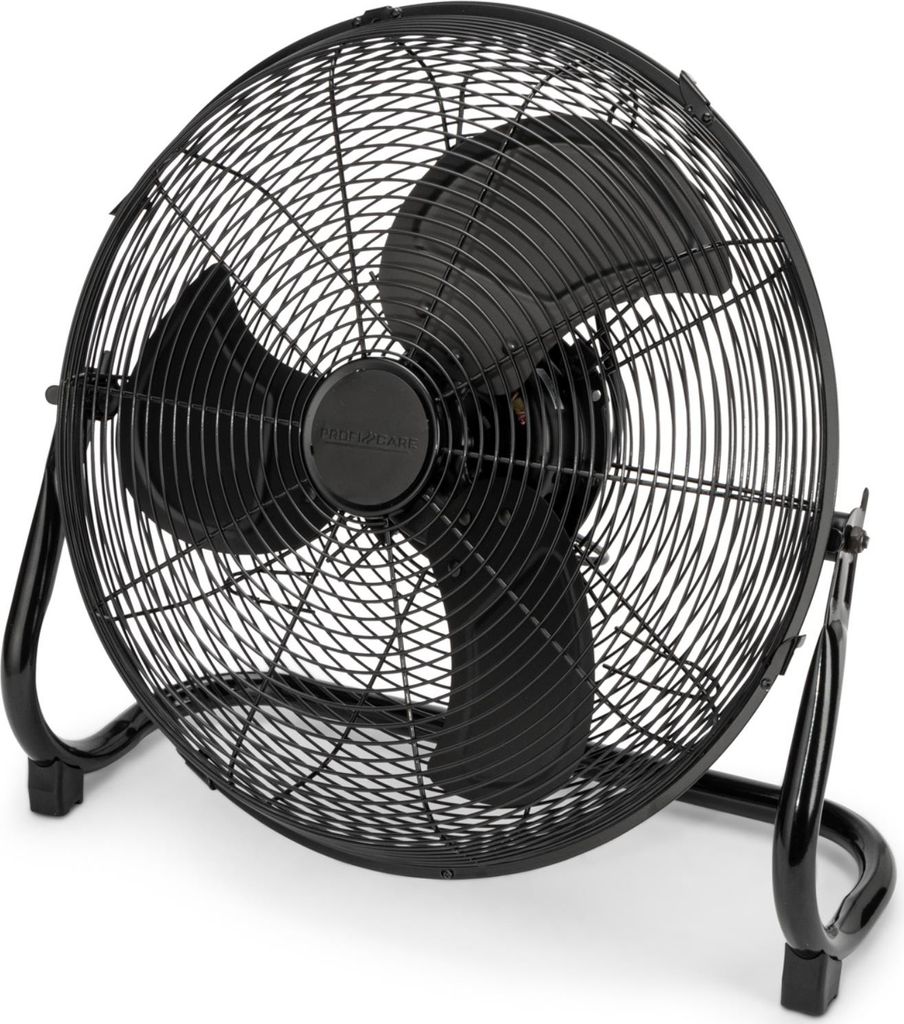A black floor fan with a metal grille and three blades.