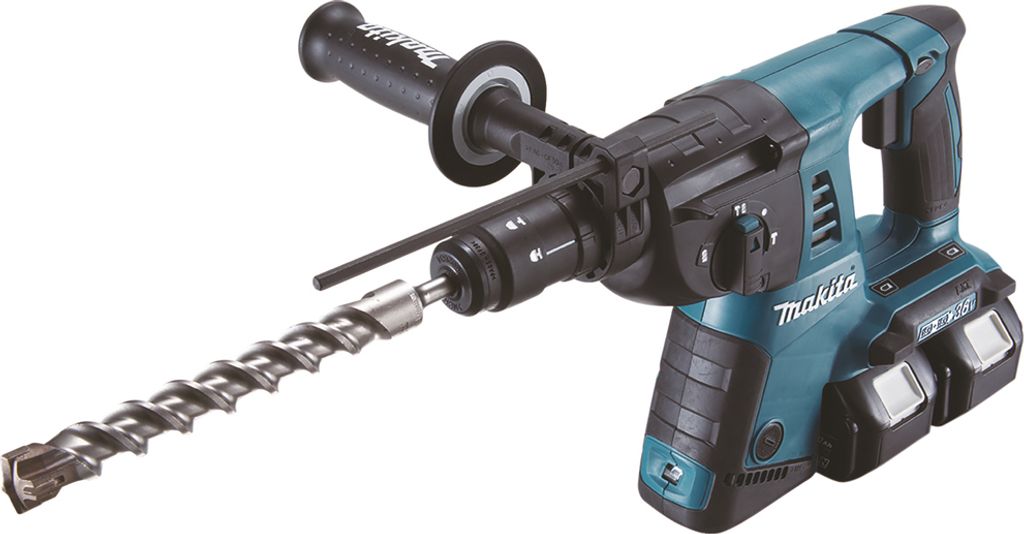 A cordless rotary hammer drill with a drill bit attached, shown against a white background.