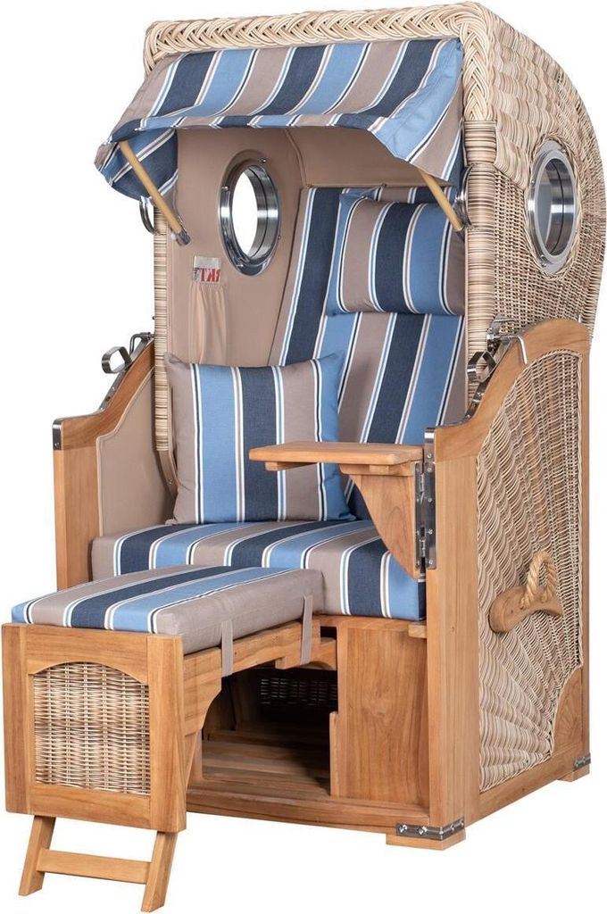 Strandkorb - bene living - Ammersee Single Teak Bullauge - PE shell - Modell 580 - Einsitzer inkl. Liftersystem