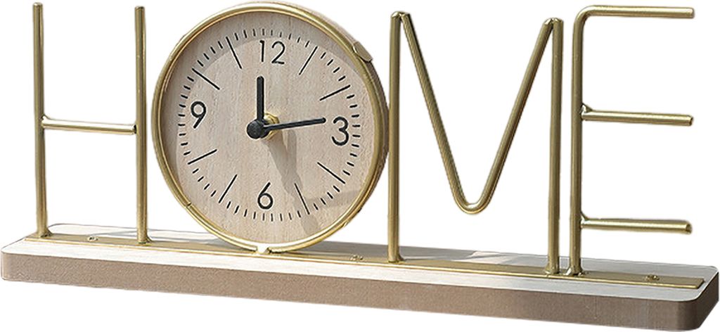 Tischuhr-Dekoration aus Metall, LOVE HOME, Uhr mit Holzsockel, tickt nicht, leise, für Zuhause, Büro, Wohnzimmer, Metallbuchstaben, digitale anal...
