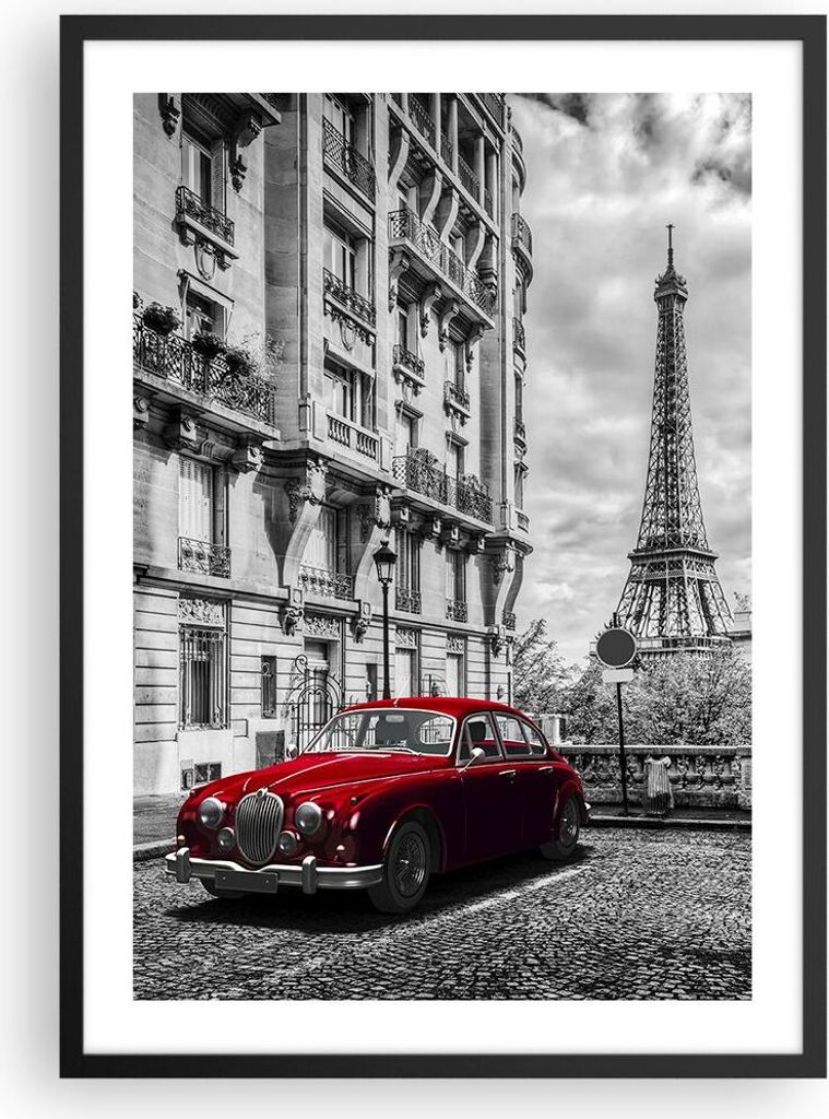 Gerahmtes Poster - Schwarzer Rahmen - Auto Eiffle Straße Gebäude - 50x70 cm - Wand Bild - Wanddeko - Wandbilder - Wandposter - Bilderrahmen - Bil...