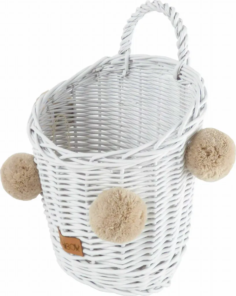 Rangement mural pour salle de bain, panier blanc WikliBOX déco à pompons