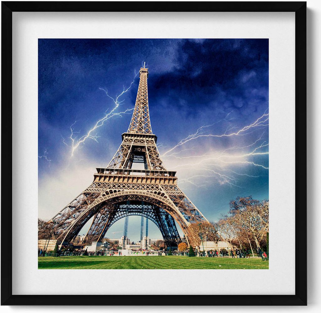 Eiffelturm, Blitze und Gewitter– Wandbild mit Rahmen – Gerahmtes Bild – Wanddekoration – 50x50 cm – Schwarz Rahmen