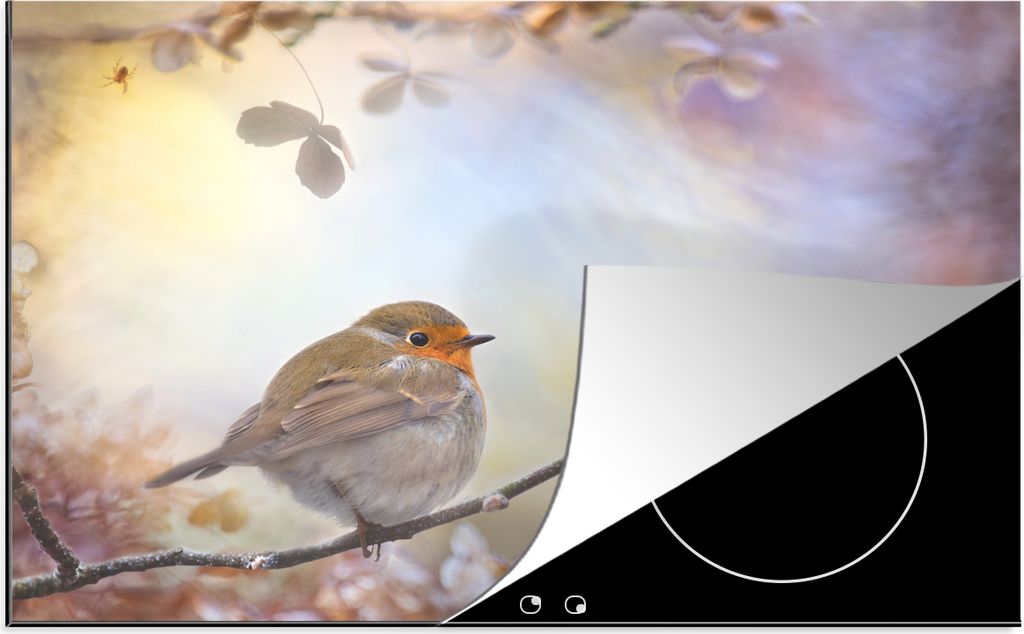 KitchenYeah Herdabdeckplatte Rotkehlchen - Natur - Pastell , 80x52cm, Küche Deko, Glaskeramikkochfeld Herdabdeckung, Abdeckplatte fùr Kochfeld
