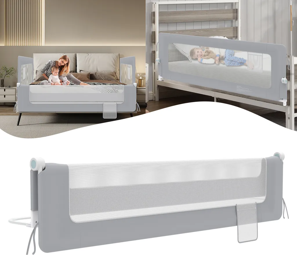Barrière de lit 200cm pour enfant réglable avec filet aéré LARS360 gris