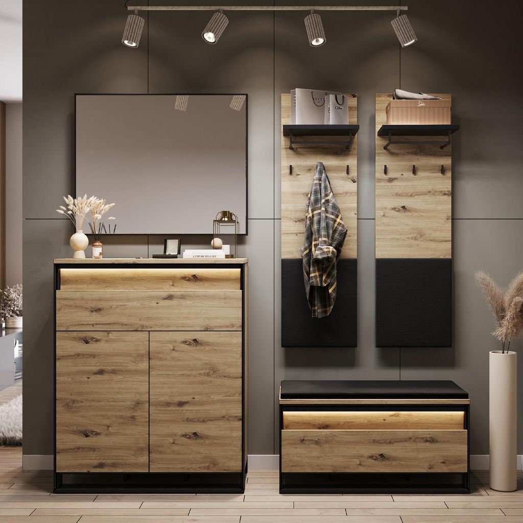 Garderoben-Set QUANT-4 Flurgarderobe Wandgarderobe Schuhschrank Paneel Spiegel Loft 5-teilig (Artisan Eiche / Schwarz)
