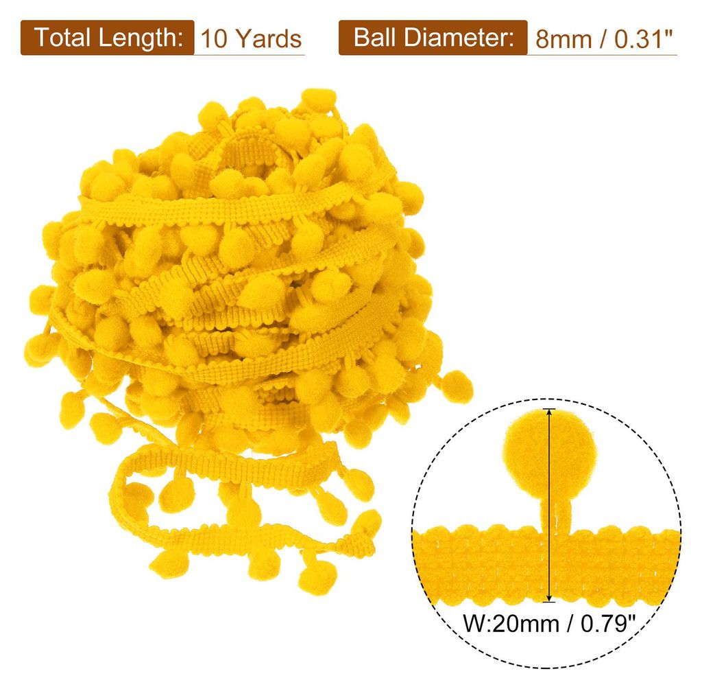 10 Yards Pom Pom Ball Fringe Trim, Ribbon Sewing Accessory DIY Crafts for Home Curtain Clothes Pillow Decoration (8mm, Dark Yellow)