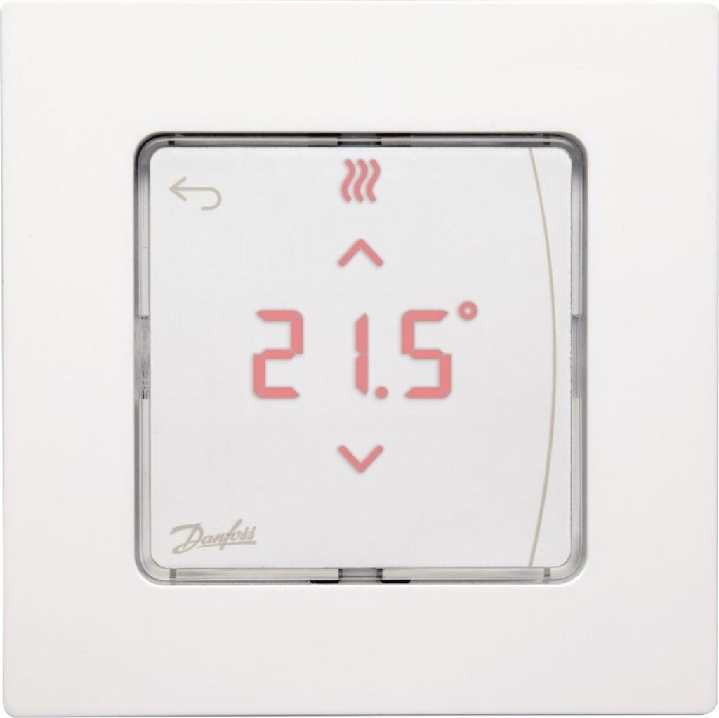 A white thermostat with a digital display showing the temperature.