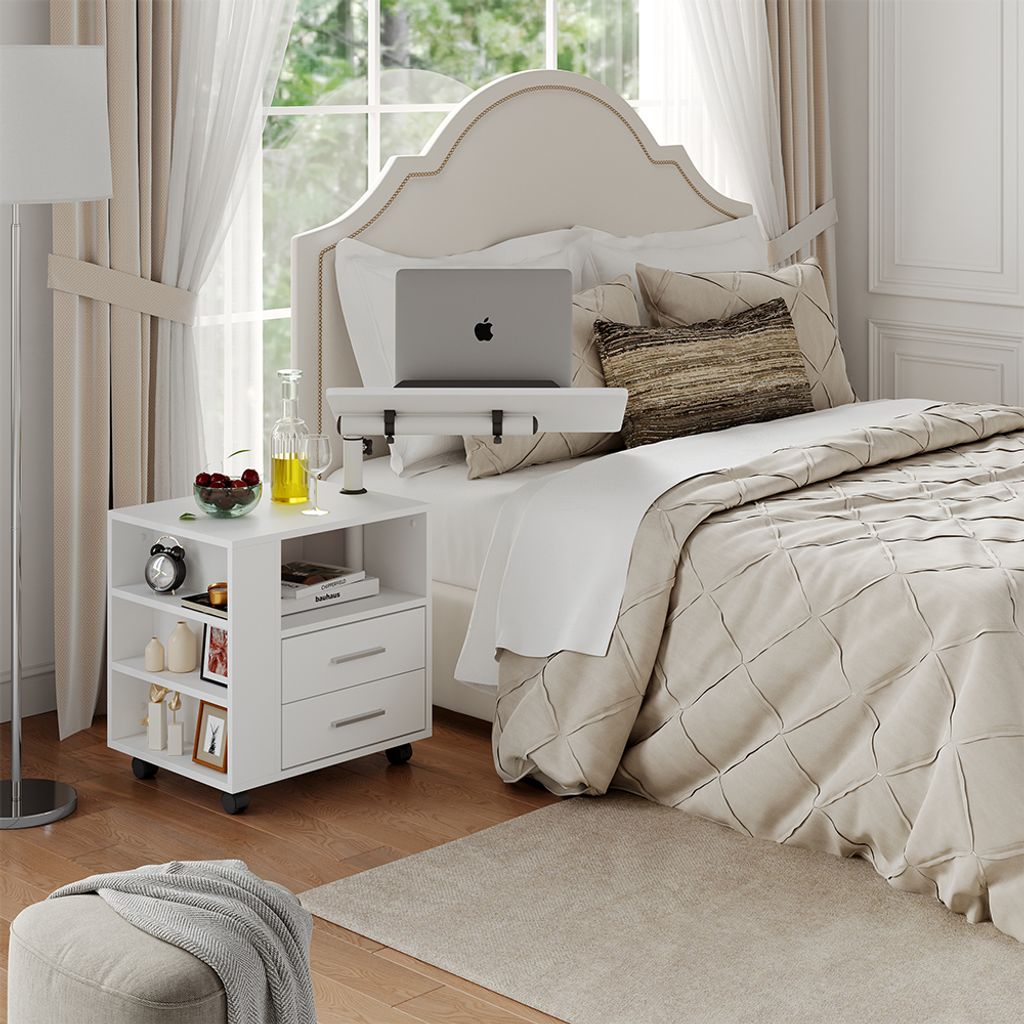 Vicco Comodino Bora Bianco 60x40 Cm Con 2 Cassetti - Piano Girevole E Rotelle