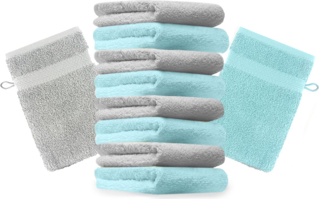 Betz 10 Stück Waschhandschuhe 16x21 cm PREMIUM 100% Baumwolle Farbe: silbergrau und türkis