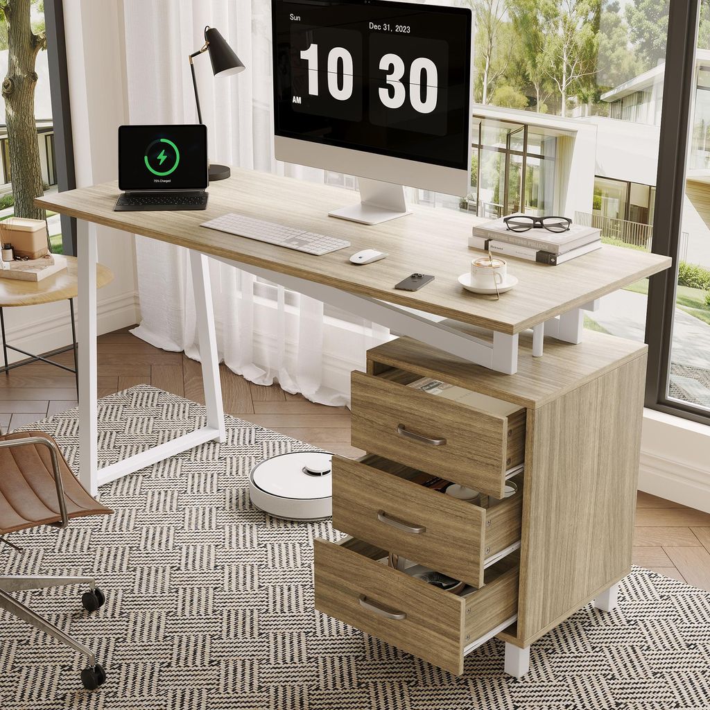 MODFU Schreibtisch Eckschreibtisch mit drei Schubladenschienen,Dreiecksstreben und weißen Stahlrohren,Bürotisch,Laptoptisch mit Breite Tischplatt...