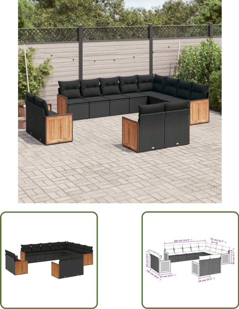 The Living Store 12-tlg. Garten-Sofagarnitur mit Kissen Schwarz Poly Rattan