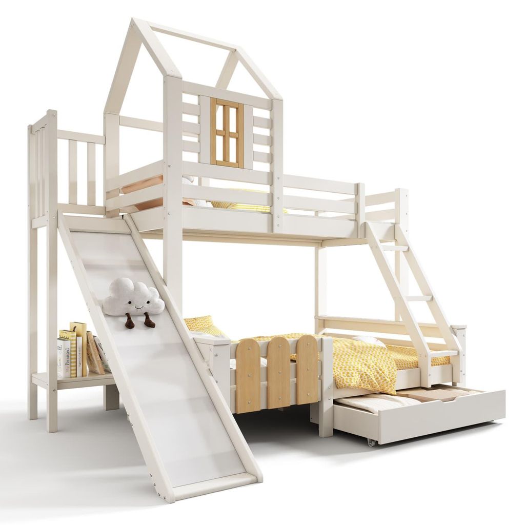 Etagenbett Bett 90x200 & 140x200 cm, Hausbett mit Schublade Rutsche und Leiter, Kinderbett Hochbett mit Lattenrost, Blockhaus-Design