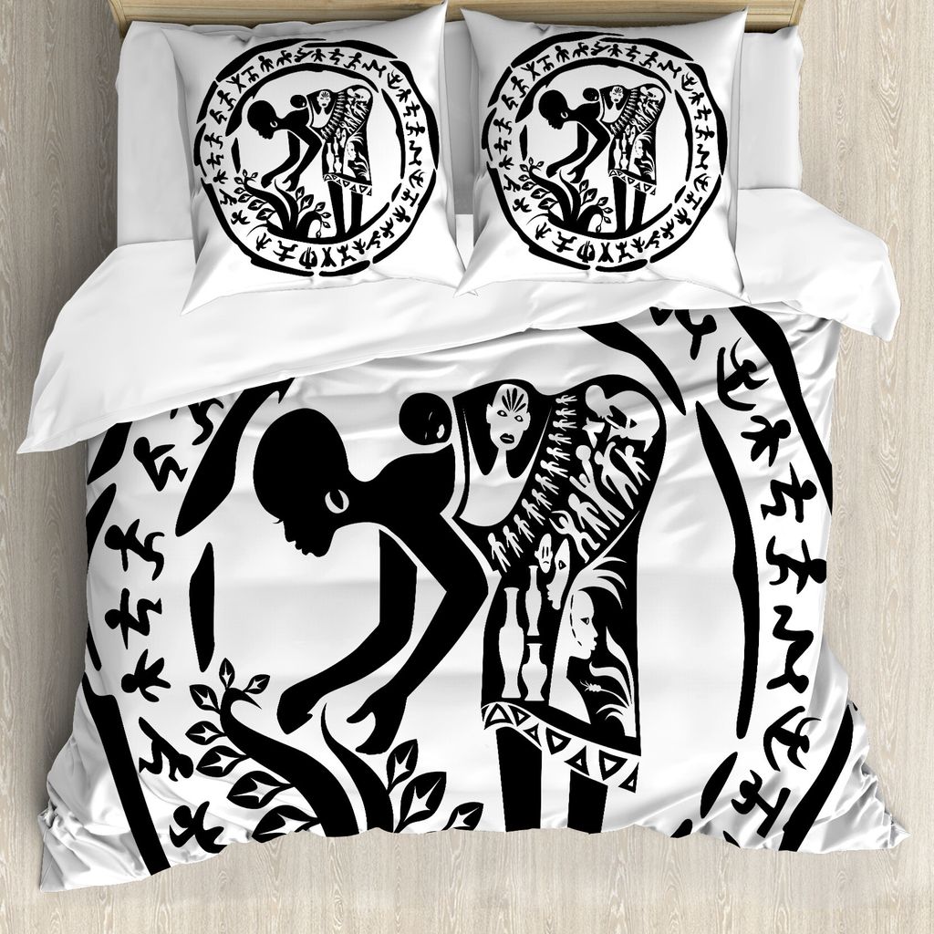 ABAKUHAUS afrikanisch Bettbezug, Tribe Frau Rahmen, Milbensicher Allergiker geeignet mit Kissenbezügen, 155 cm x 220 cm - 80 x 80 cm, Schwarz und ...