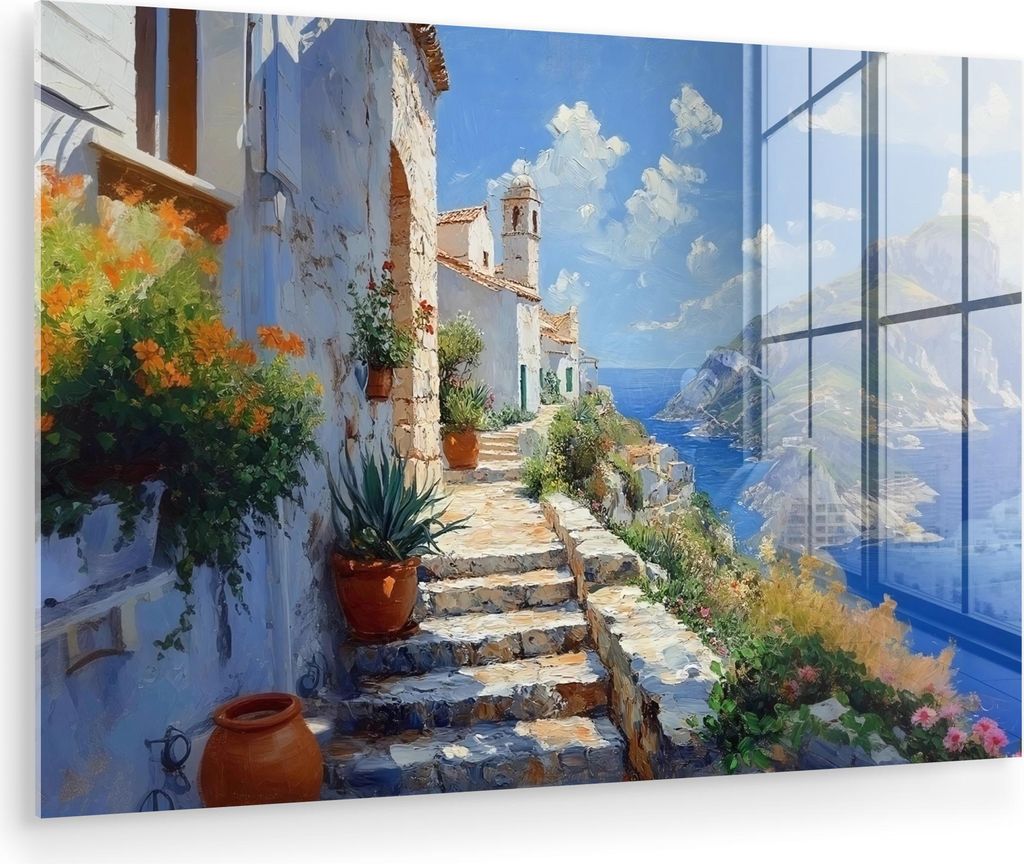 MuchoWow Glasbilder - Bilder auf Wandbild - Foto auf Glas Treppe - Häuser - Berglandschaft - Meer 90x60 cm Wanddekoration aus Glas - Acrylglasbild...