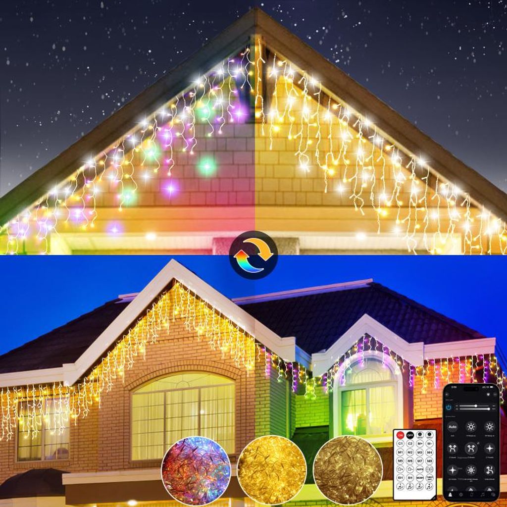 10m LED Lichtervorhang Lichterkette,400LEDs Bunt Eisregen Lichtervorhang Außen Innen mit Fernbedienung und App,17 Modi, 4 Helligkeiten für We...