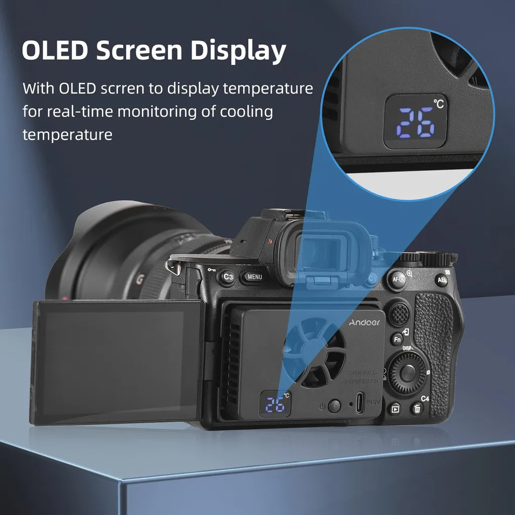Ventilateur appareil photo Andoer FS-06 avec écran OLED et 8 adaptateurs