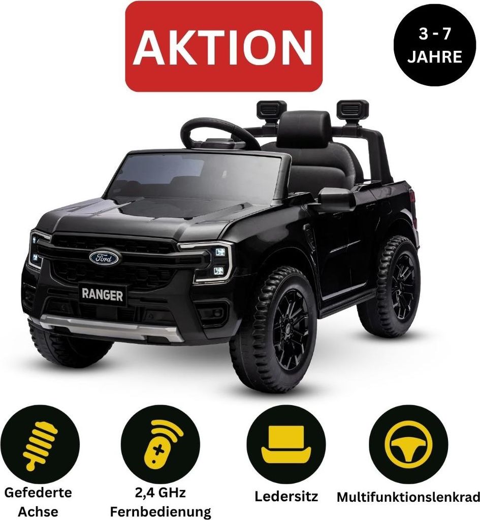 Elektro-Kinderauto FORD Ranger 12V, Schwarz, Ledersitz, Produktbild 
