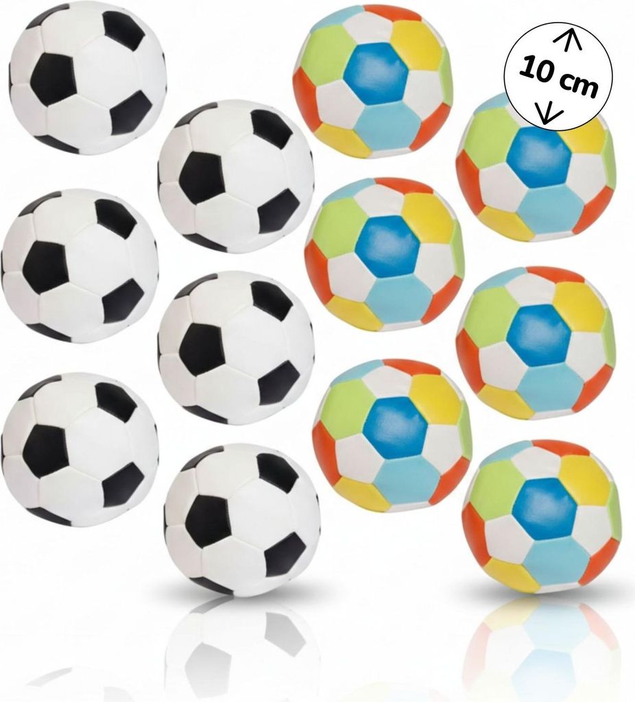 Softball Ø 10 cm 12er Set, schwarz-weiß und bunt, weiche Kinderbälle im Fußball-Design, leichte Spielbälle für drinnen und draußen