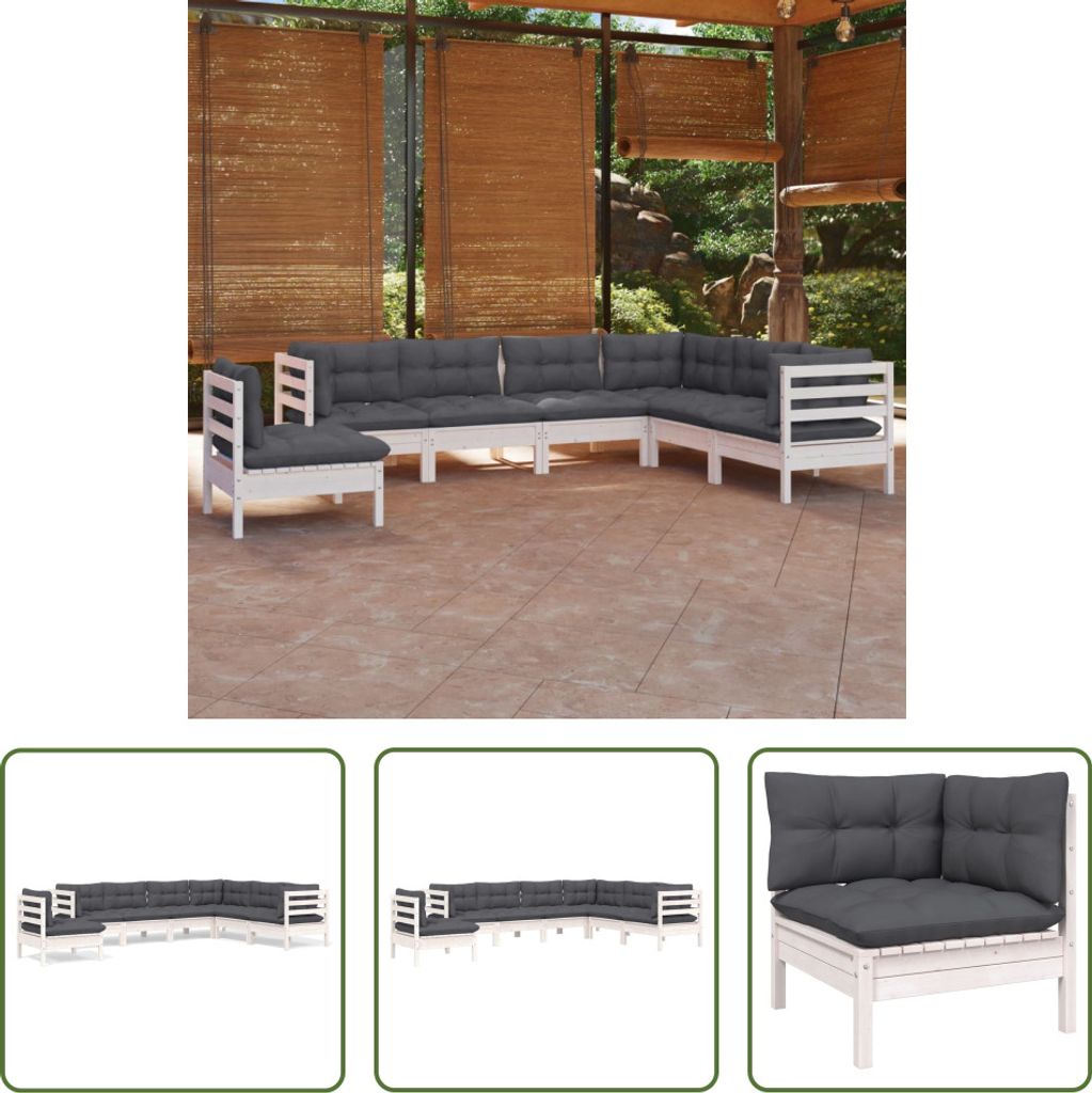 The Living Store 7-tlg. Garten-Lounge-Set mit Kissen Weiß Kiefer Massivholz