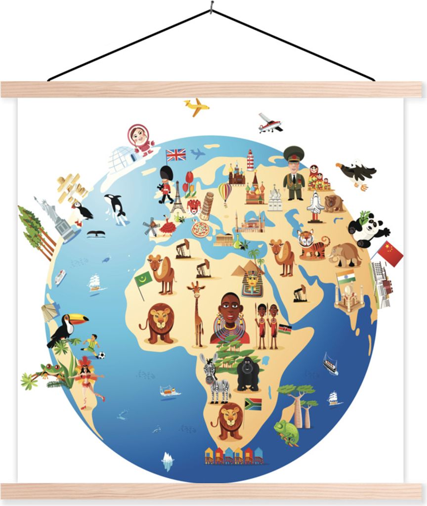 MuchoWow Textilposter Cartoon-Illustration einer kreisförmigen Weltkarte mit Symbolen 120x120 cm mit holzfarbenen Rahmen - Textil-Poster