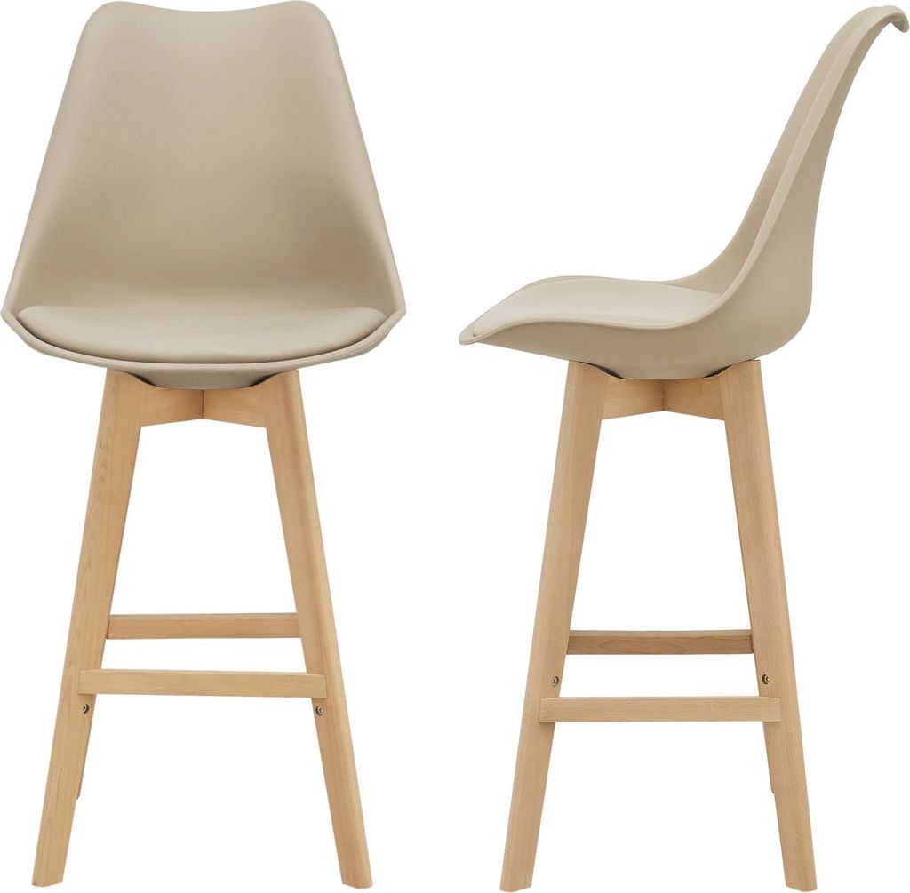 In And OutdoorMatch Barhocker Angeline - 2er-Set - Kunstleder und Buche - gepolsterte Sitzfläche - 105 x 48 x 58 cm - Beige