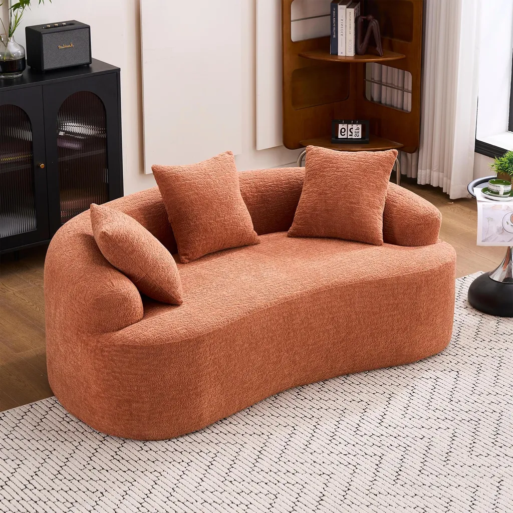 Canapé 2 places incurvé modulaire format compact avec 3 coussins déco