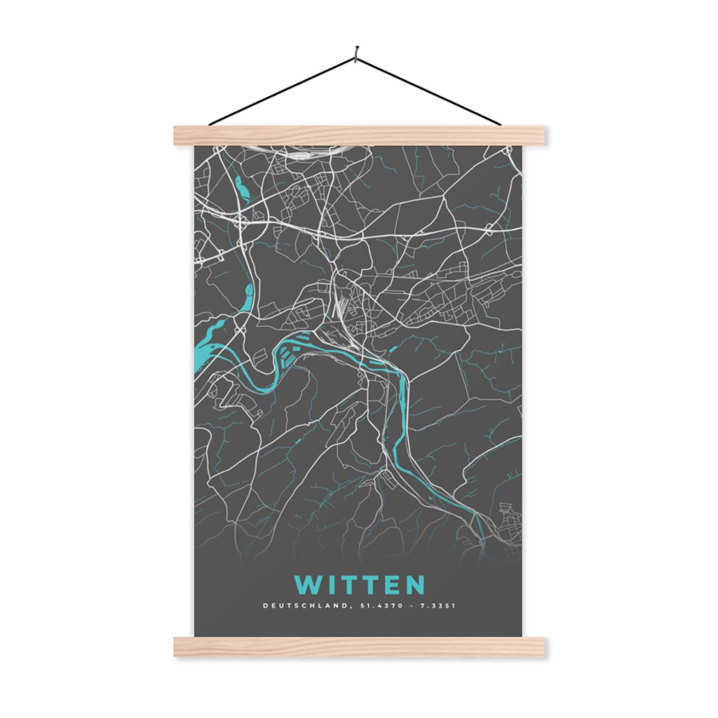 MuchoWow Textilposter Stadtplan - Deutschland - Blau - Witten - Karte 60x90 cm mit holzfarbenen Rahmen - Textil