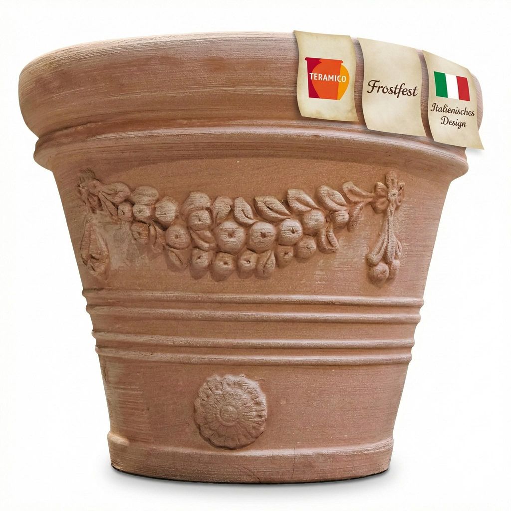 Teramico Terracotta Topf "Festone" frostfest optional mit Teller